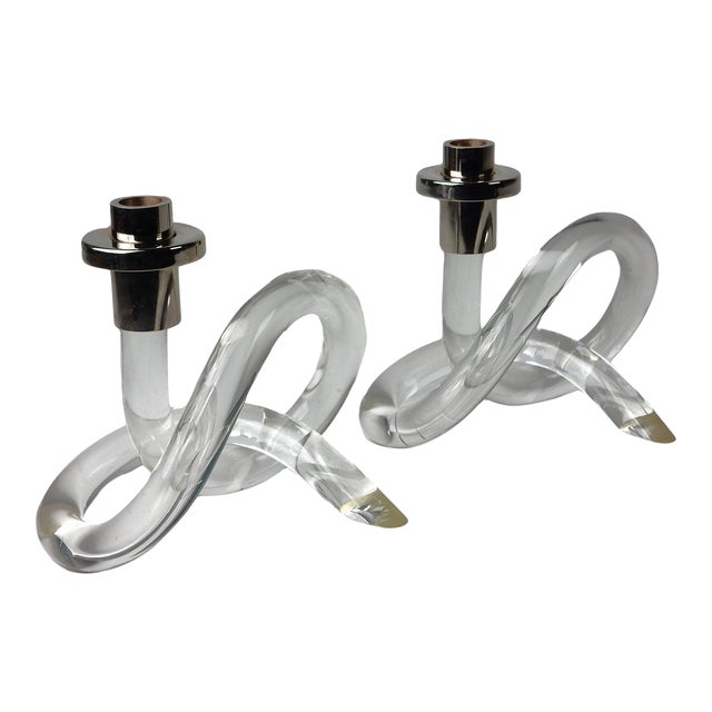 1970's Dorothy Thorpe Lucite & Chrome Pretzel Candle Holders - A Pair For Sale
