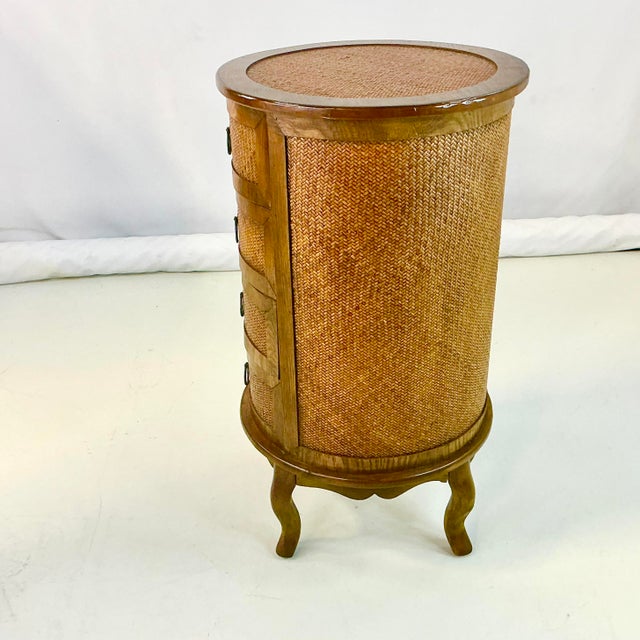 1980s British Colonial Ralph Lauren Style Round Herringbone Cane & Wood Cabinet, 4 Drawers For Sale - Image 15 of 16