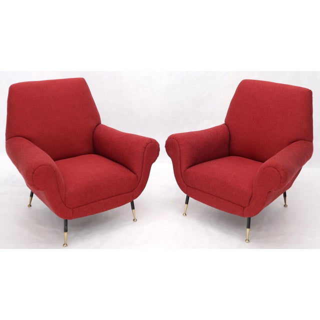 Pair of Red Upholstery Italian Lounge Chairs Brass Feet For Sale - Image 6 of 13