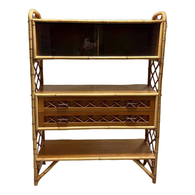Vintage Rattan Library Shelf, 1970s For Sale