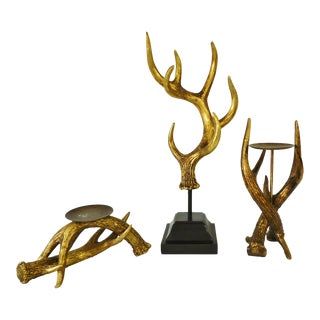 Contemporary Gold Antler Jewelry Tree Stand & 2 Candle Holders - 3pc Decorative Set For Sale
