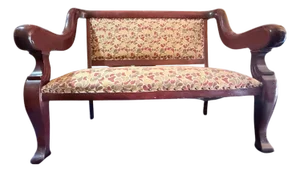 Antique Mahogany Settee**Carved Arms, Legs, Upholstered in Premium Fabric