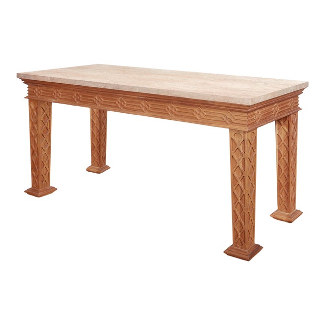 Bunny Williams Home Carved Teak and Marble Howard Console For Sale