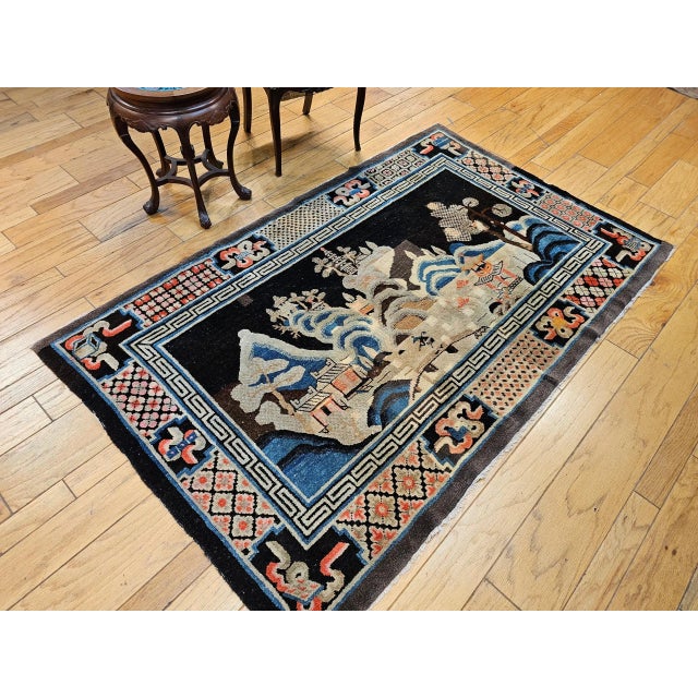 Antique Ningxia Pictorial Rug, Wool Pile, Scenic Landscape, Western China, 1890s For Sale - Image 4 of 12