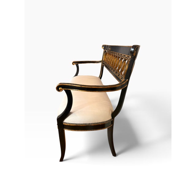 Wood Maitland-Smith Neoclassical Black Lacquer & Gilt Upholstered Settee For Sale - Image 7 of 18