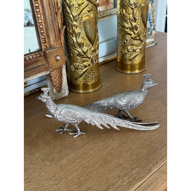 French Pair of Antique French Silvered Metal Pheasant Figurines, Petite Decorative Game Birds For Sale - Image 3 of 3