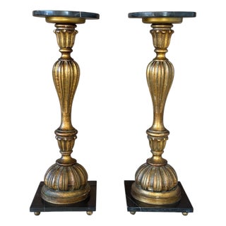 Pair of Neoclassical Gilt Wood Pedestals With Black Marble Tops For Sale