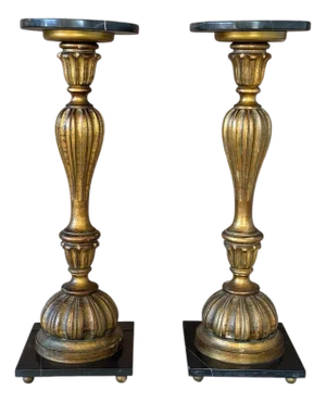 Pair of Neoclassical Gilt Wood Pedestals With Black Marble Tops