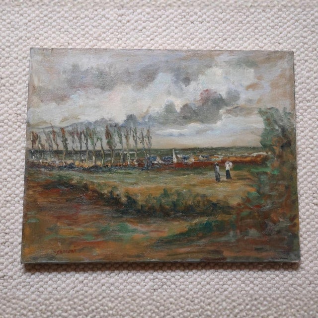 This 20th Century French Afternoon Stroll Painting captures a moody countryside scene with expressive brushwork and a...