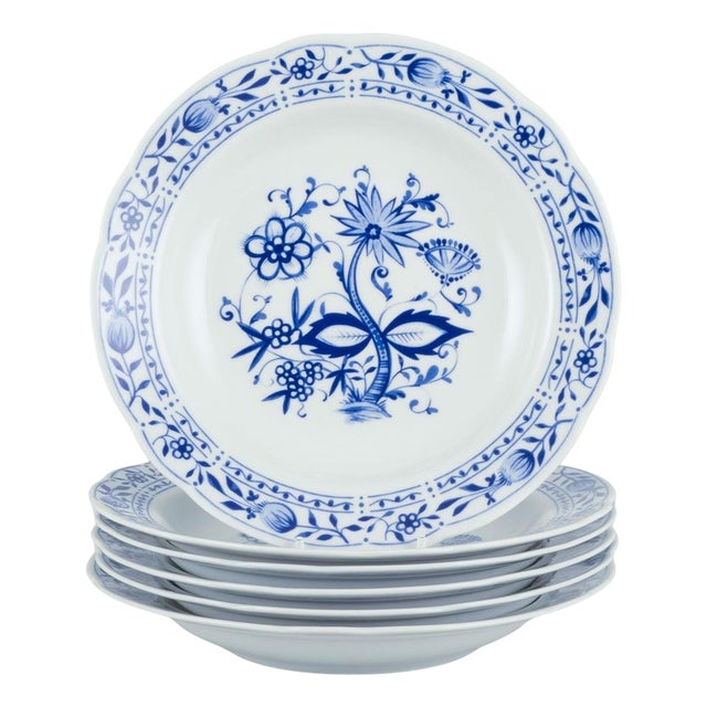 Deep Plates in Porcelain with Blue Onion Decor from Kahla, Germany, 1970s, Set of 6 For Sale