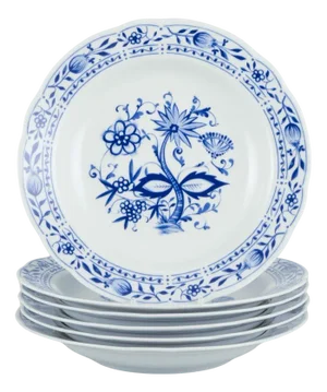 Deep Plates in Porcelain with Blue Onion Decor from Kahla, Germany, 1970s, Set of 6