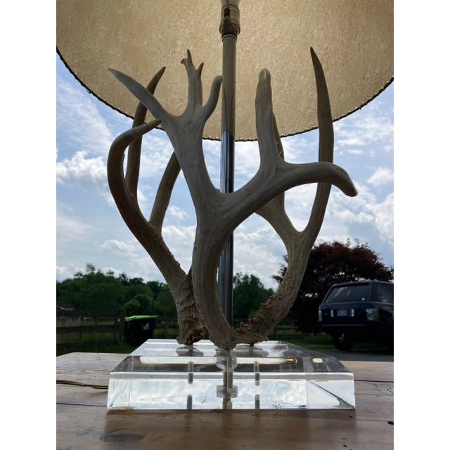 Mid-Century Antler Table Lamp With Hand-Woven Hide Shade + Acrylic Base For Sale - Image 10 of 10