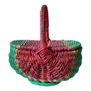 Petite Wicker Watermelon Style Picnic Basket For Sale