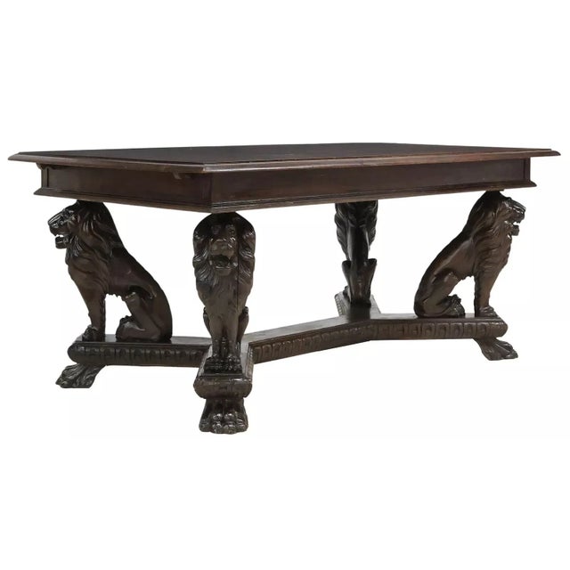 E. 1900s, Antique Lions, Italian Renaissance Revival, Carved, Walnut, Extension Table! For Sale - Image 4 of 8