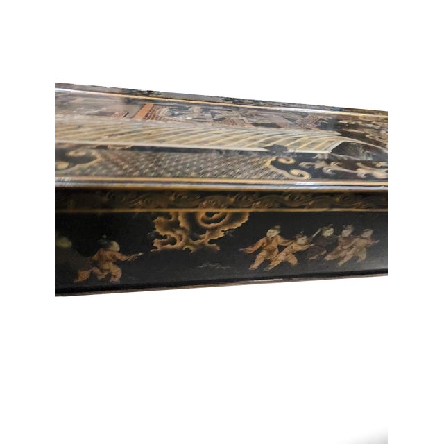 Black Late 20th Century Oriental Black Lacquer Coffee Table (Hand-Painted Chinoiserie / Oriental Scene) For Sale - Image 8 of 9