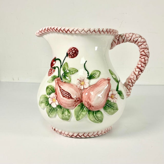 English 1970s Vintage Boho Chic Coastal English Garden Pomegranate and Raspberry Ceramic Pitcher. For Sale - Image 3 of 13