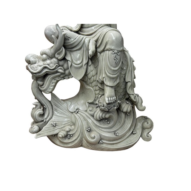 Chinese Handcrafted GuanYin Bodhisattva on Dragon White Porcelain Statue For Sale - Image 9 of 10