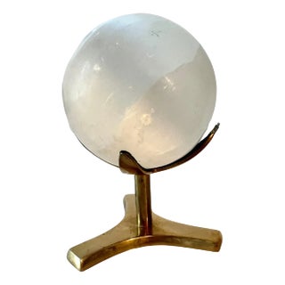 Honed Round Ulexite Crystal Sphere Paperweight Mounted on Brass Stand SOLD For Sale