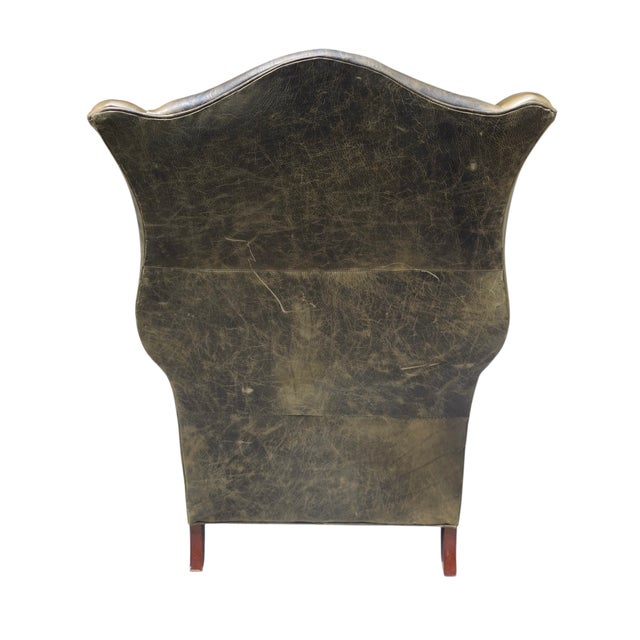 Traditional Vintage English Georgian Style Distressed Olive Green Leather Wingback Library Armchair With Ball & Claw Feet For Sale - Image 3 of 12