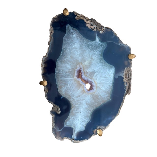 Unusual Modern Handcrafted Drinks Table. A wide grayish blue edge surrounding textured quartize with a nest of purple...