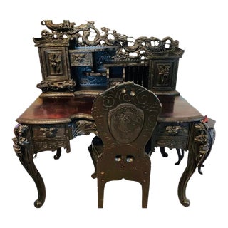 1930s Handcarved Asian Desk With Dragon Detail & Matching Chair - Set of 2 For Sale
