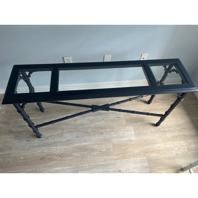 Lane Alta Vista faux bamboo, rectangular console table. Professionally refinished in high gloss lacquer in classic navy....
