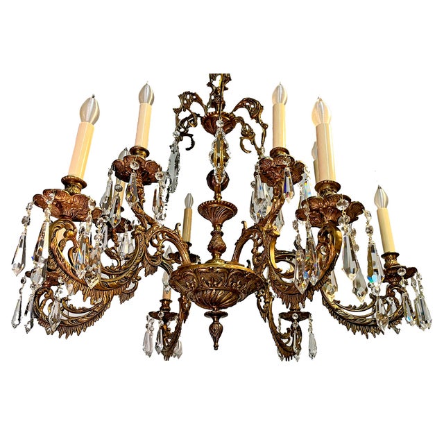 Antique Spanish Brass 6-Arm Heavy Chandelier With Crystal For Sale - Image 12 of 12