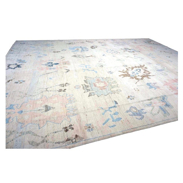 21st Century Turkish Oushak Wool 11x15 Ivory, Brown & Slate Blue Handmade Area Rug #1144196 For Sale - Image 9 of 11