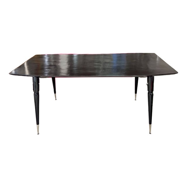 Black Lacquered Wood Dining Table with Conical Legs and Chrome Details, 1960s For Sale