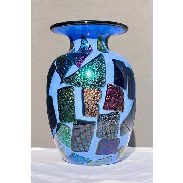 Contemporary Mad Art Studio Handblown Azure Blue & Dichroic Mosaic Vase For Sale - Image 3 of 12