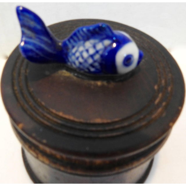 1940s Round Wooden Box With Porcelain Koi Fish on Lid For Sale - Image 5 of 8
