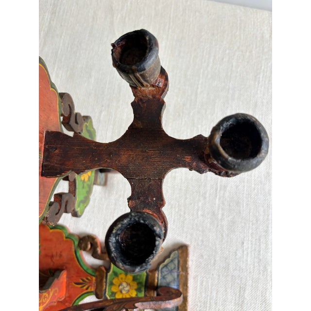Antique European Hand Painted Wood Folk Art Candle Sconces- a Pair For Sale - Image 14 of 17