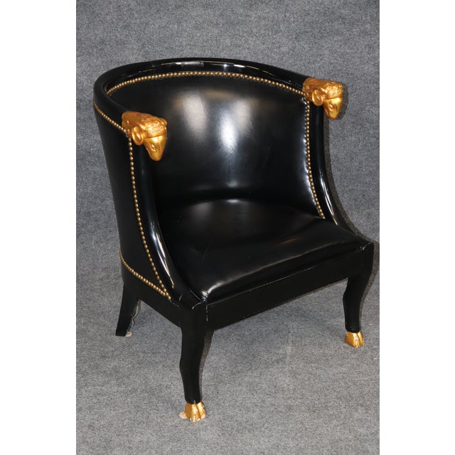 20th C Pair French Directoire Style Ebonized and Gilt Ramshead Club Chairs For Sale - Image 12 of 13