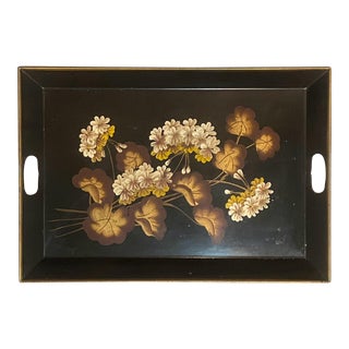 Vintage Black Tole Tray With Gingko-Like Leaves For Sale