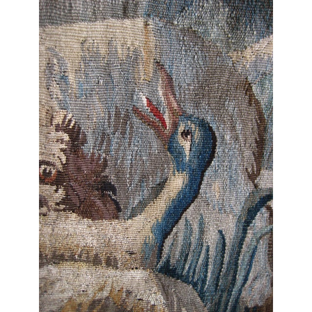 Green French Aubusson Signed Verdure Dog Hunting a Duck Red Flowers Borders Circa 1700 Hundreds For Sale - Image 8 of 18