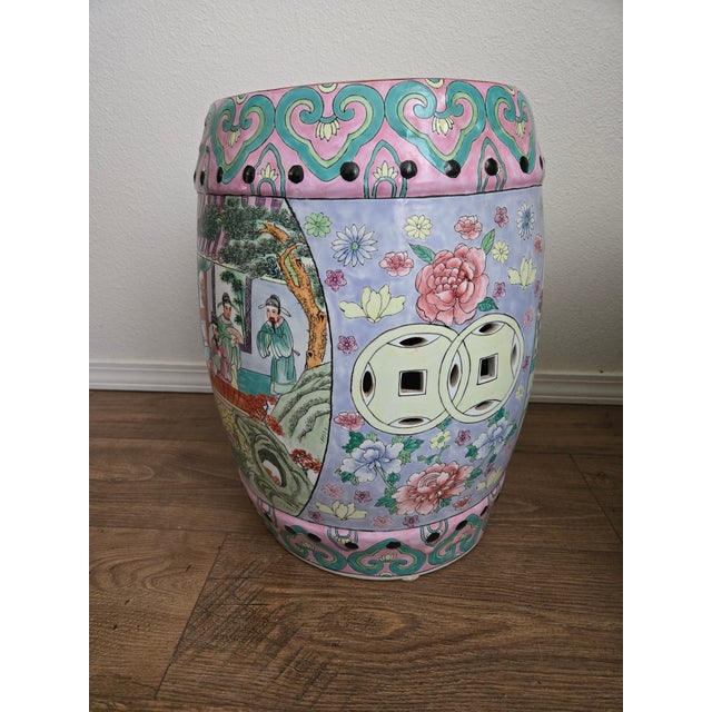 Vintage Chinese Hand-Painted Porcelain Garden Stool / Drum Stool With Floral & Figural Motif For Sale - Image 4 of 9