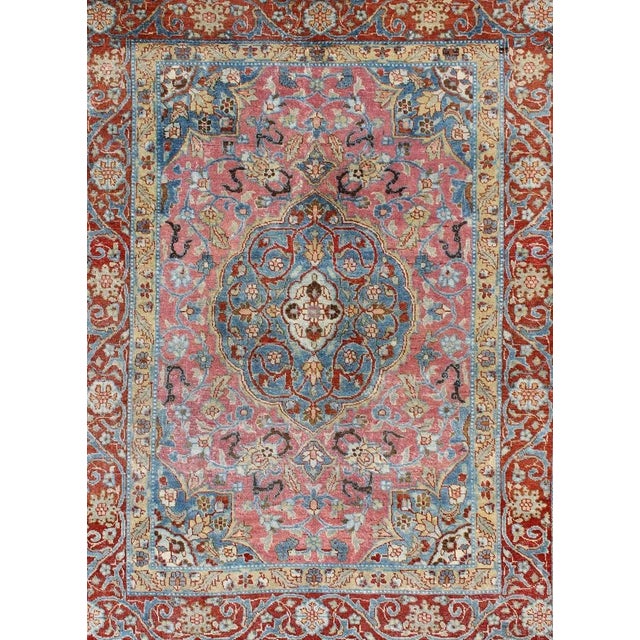 Antique Persian Tabriz Rug With Medallion in Soft Rose, Sky Blue, and Rust Red 4'7"x6'4" For Sale - Image 4 of 8