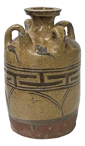 Earthy Brown Pottery Tube Shape Rings Geometric Pattern Art Vase