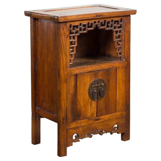 Chinese Qing Dynasty 19th Century Elm Side Cabinet with Fretwork Shelf and Doors For Sale - Image 13 of 13