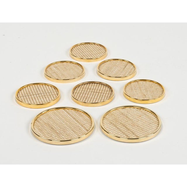 Mid-Century Modern Barware Coasters in Brass and Rope, Italy, 1970s, Set of 8 For Sale - Image 9 of 14