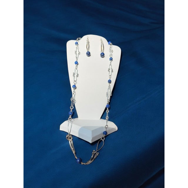 1990s Sterling Silver Lapis Lazuli Necklace Earrings Set - 3 Pieces For Sale - Image 11 of 11