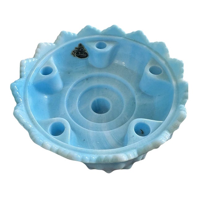 Vintage Fenton Blue Opalescent Hobnail Candle Bowl For Sale