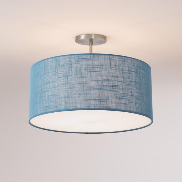 Mid-Century Modern Stretch Semi Flush Mount 18"d Luminaire by Nova of California - Drum Turquoise Linen Shade, Satin Nickel, Dimmable For Sale - Image 3 of 4