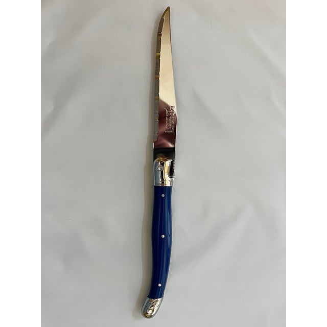 French Country Authentic French Jean Dubost Laguiole Steak Knives Blue Color, New - Set of 6 For Sale - Image 3 of 10