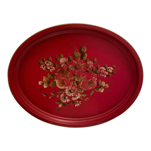 Vintage Hand-Painted Toleware Red Floral Metal Tray by T. Nash Co., 1940s