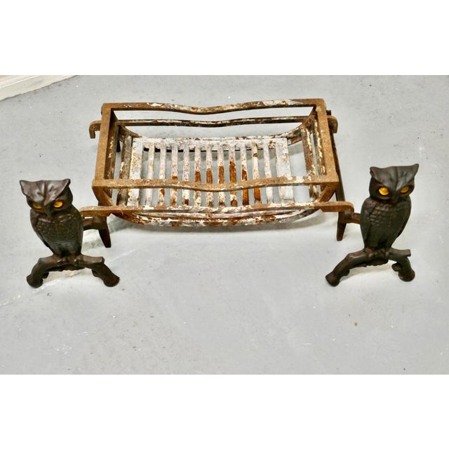 Model Owl Iron Fire Dogs with Grate, 1920s For Sale - Image 6 of 8