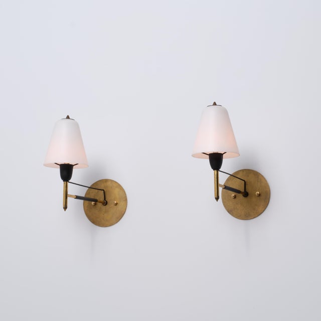 Mid-Century Modern Italian Brass and Opaline Glass Wall Sconces, 1950s, Set of 2 For Sale - Image 3 of 13