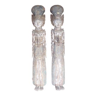 Antique Pair of 19th Large Carved Wood Statues of Thai Theppanom Buddhist Angel Deities For Sale