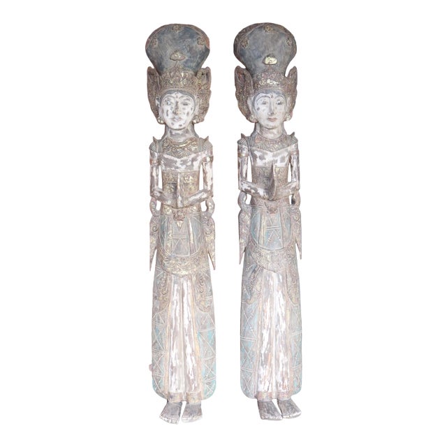 Antique Pair of 19th Large Carved Wood Statues of Thai Theppanom Buddhist Angel Deities For Sale