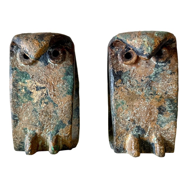 MCM Forged Iron Brutalist Owl Bookends Pair For Sale